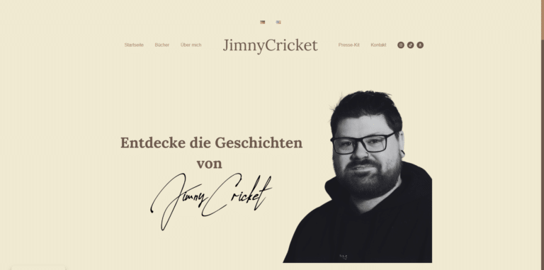Jimny Cricket – Zweisprachige Autorenwebsite mit Bücherarchiv und Presse-Kit