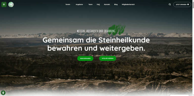 Startseite der Vereinswebsite des Steinheilkunde e.V. mit großem Landschafts-Hero